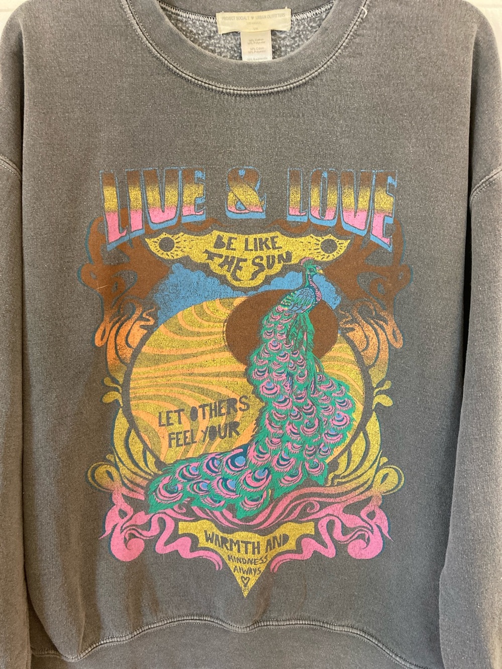 Project Social T Gray Sweatshirt with Multicolor Vintage Peacock Graphic
